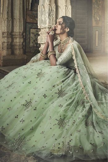 Soft Net Sequins Work Lehenga Choli In Sea Green Colour