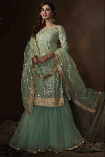 Soft Net Sequins Work Sharara Suit In Green Colour