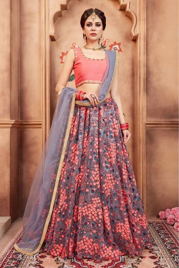 Soft Net Thread Work Lehenga Choli In Grey Colour - LD4900166