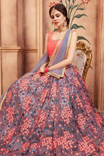 Soft Net Thread Work Lehenga Choli In Grey Colour - LD4900166