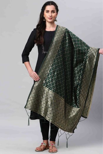 Banarasi Silk Woven Dupatta In Dark Green Colour - DU1356509