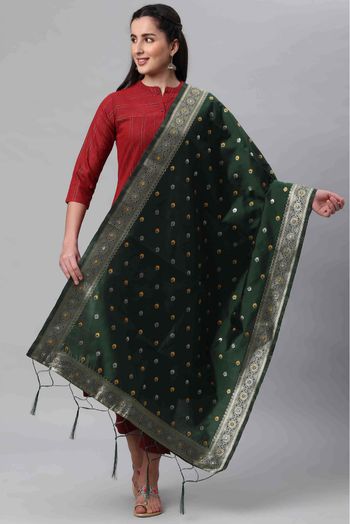 Banarasi Silk Woven Dupatta In Dark Green Colour - DU1356528