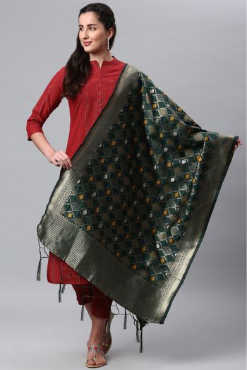 Banarasi Silk Woven Dupatta In Dark Green Colour - DU1356532