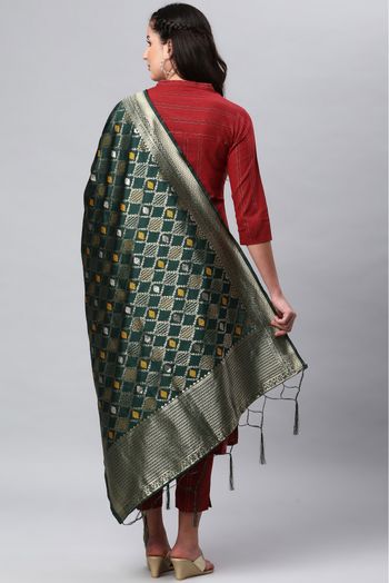 Banarasi Silk Woven Dupatta In Dark Green Colour - DU1356532