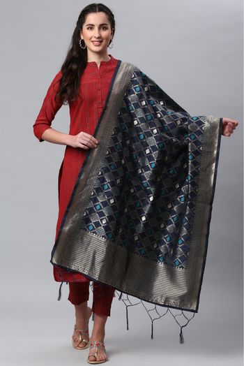 Banarasi Silk Woven Dupatta In Navy Blue Colour - DU1356534