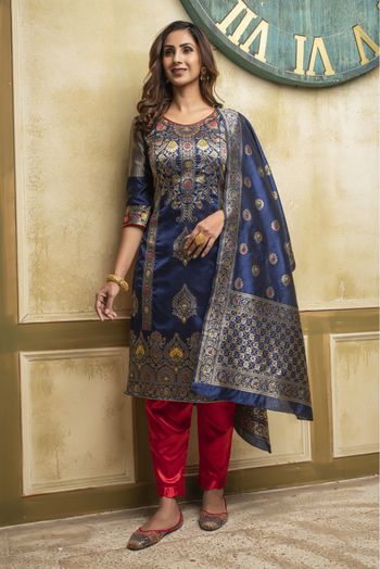 Banarasi Silk Woven Pant Style Suit In Blue Colour