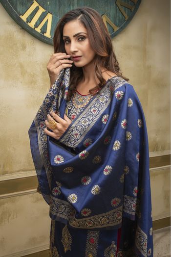 Banarasi Silk Woven Pant Style Suit In Blue Colour