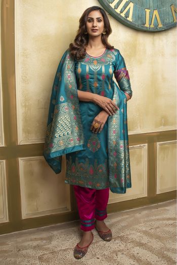 Banarasi Silk Woven Pant Style Suit In Rama Green Colour