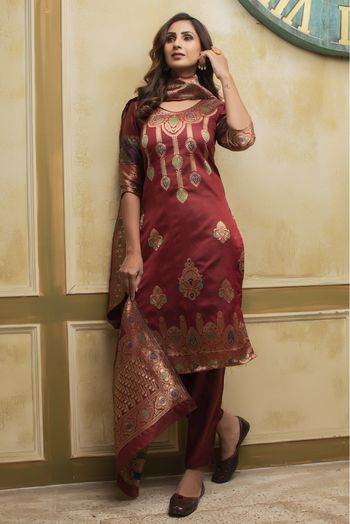 Fancy Banarasi Silk Unstitched Salwar Suit Jacquard Woven Design Dress  Material with Dupatta