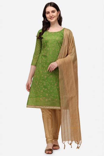 Chanderi Embroidery Churidar Suit In Green Colour - SM5411091