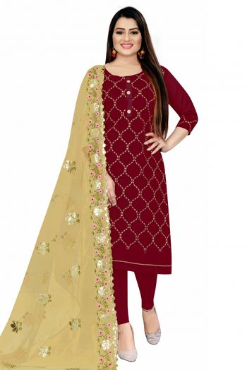 Chanderi Embroidery Churidar Suit In Maroon Colour - SM5410936