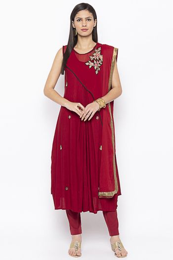 Plus Size Cotton Embroidery Pant Style Suit In Maroon Colour - SS2711055