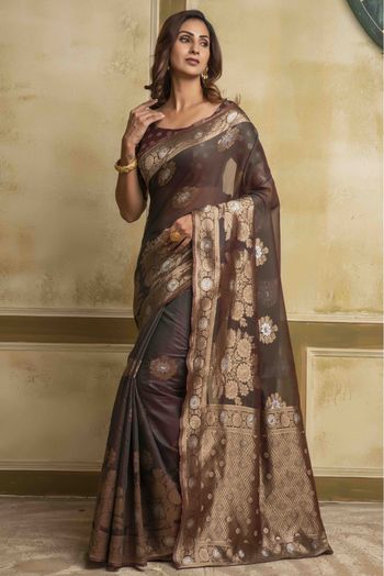 Cotton Woven Saree In Brown Colour - SR1356640
