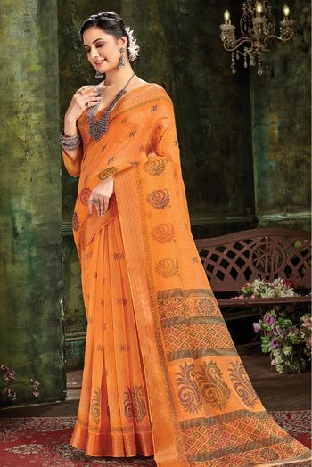 Cotton Woven Saree In Orange Colour - SR5410852