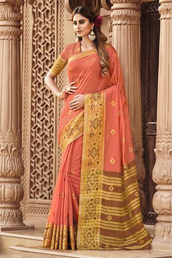 Cotton Woven Saree In Peach Colour - SR5411253