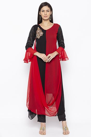 Plus Size Georgette Embroidery Kurta Set In Black And Red Colour - KR2711018