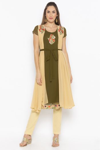 Plus Size Georgette Embroidery Kurta Set In Green And Beige Colour - KR2711028