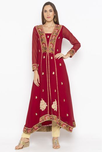 Plus Size Georgette Embroidery Kurta Set In Maroon Colour - KR2711016