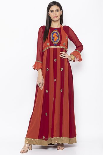 Plus Size Georgette Embroidery Kurta Set In Maroon Colour - KR2711023