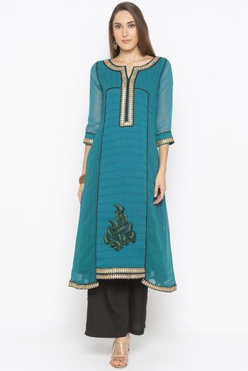 Plus Size Georgette Embroidery Kurta Set In Rama Green Colour - KR2711013