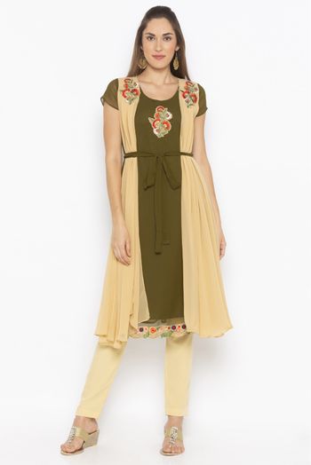 Plus Size Georgette Embroidery Kurti In Green And Beige Colour - KR2711000