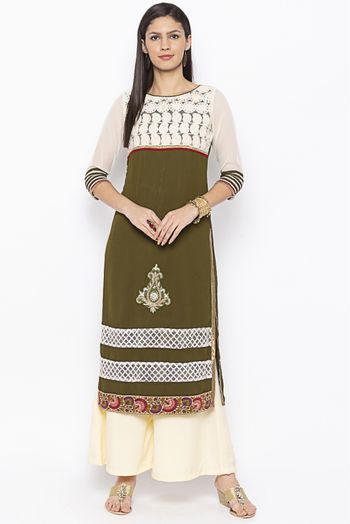 Plus Size Georgette Embroidery Kurti In Green And White Colour - KR2710979