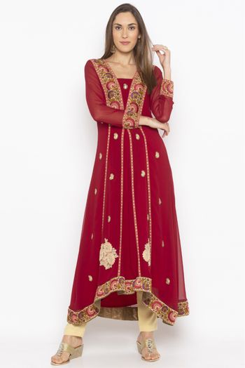 Plus Size Georgette Embroidery Kurti In Maroon Colour - KR2710988