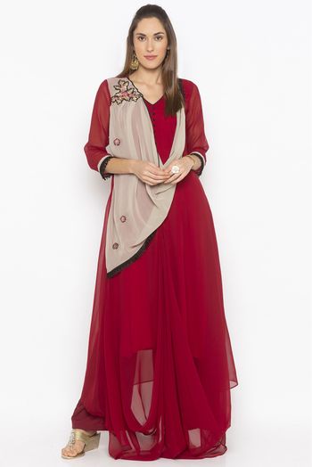 Plus Size Georgette Embroidery Kurti In Maroon Colour - KR2711001