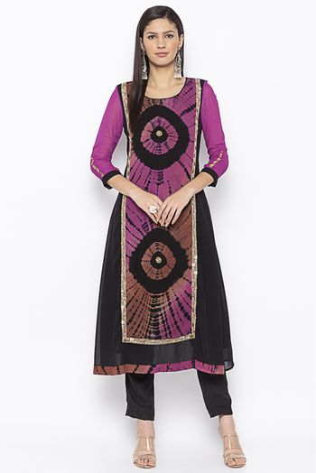 Plus Size Georgette Embroidery Kurti In Purple And Black Colour - KR2710993