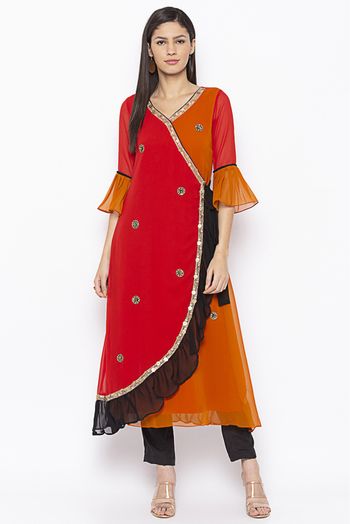 Plus Size Georgette Embroidery Kurti In Red And Mustard Colour - KR2710991