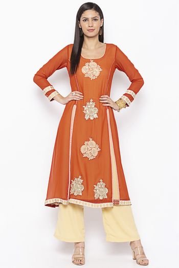 Plus Size Georgette Embroidery Kurti In Rust Colour - KR2710984