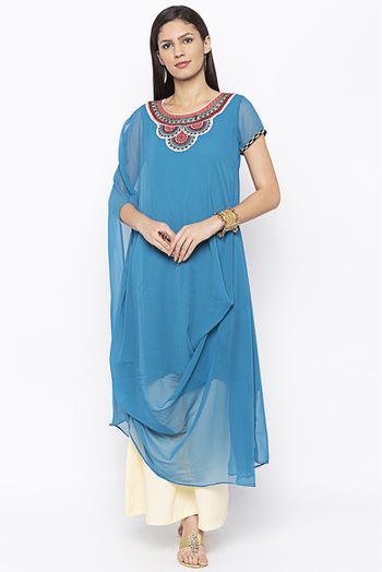 Plus Size Georgette Embroidery Kurti In Sky Blue Colour - KR2710989