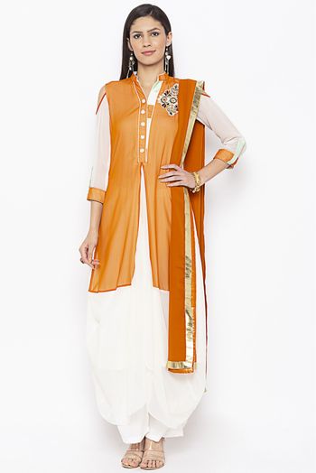 Plus Size Georgette Embroidery Palazzo Pant Suit In Mustard And Cream Colour - SS2711060