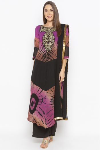 Plus Size Georgette Embroidery Palazzo Pant Suit In Purple And Black Colour - SS2711033