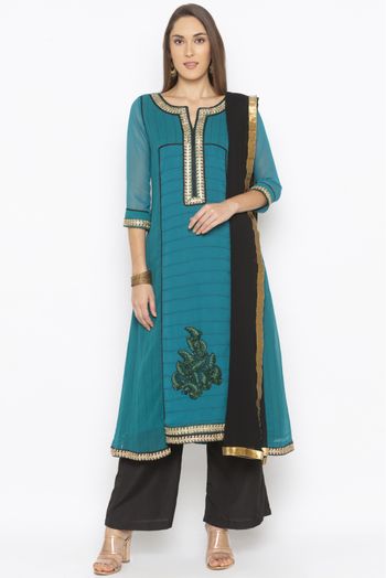 Plus Size Georgette Embroidery Palazzo Pant Suit In Rama Green Colour - SS2711041