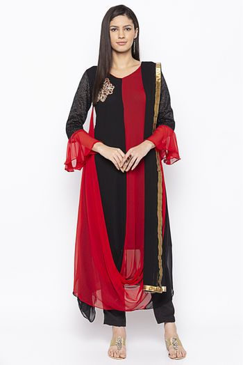 Plus Size Georgette Embroidery Pant Style Suit In Black And Red Colour - SS2711046