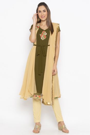 Plus Size Georgette Embroidery Pant Style Suit In Green And Beige Colour - SS2711057