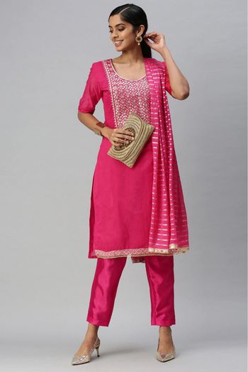 Modal Chanderi Embroidery Pant Style Suit In Pink Colour - SM5410981