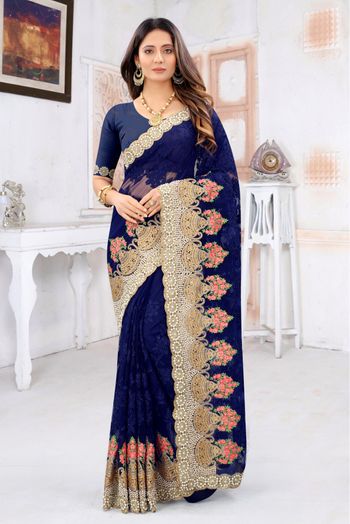 Net Embroidery Saree In Navy Blue Colour - SR4690594