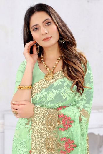 Net Embroidery Saree In Pista Green Colour - SR4690596