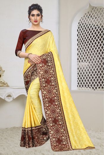 Silk Jacqaurd Embroidery Saree In Light Yellow Colour - SR1543253