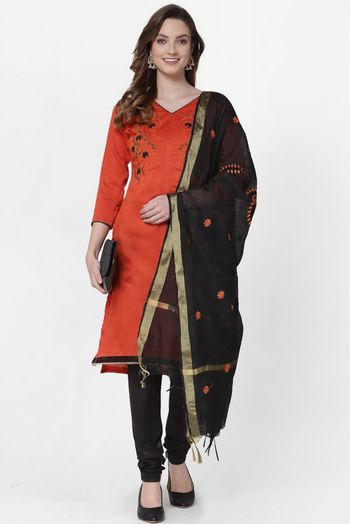Slub Cotton Embroidery Churidar Suit In Orange Colour - SM5411075