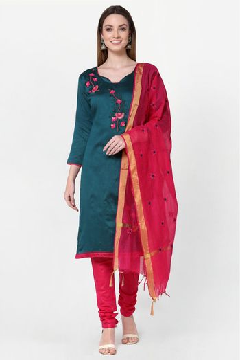 Slub Cotton Embroidery Churidar Suit In Teal Colour - SM5411073