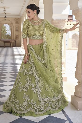 Soft Net Sequins Work Lehenga Choli In Olive Green Colour - LD4900668