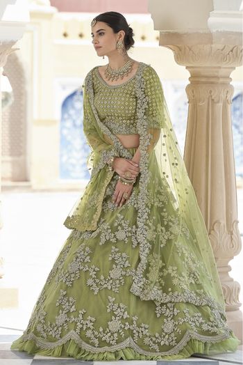 Soft Net Sequins Work Lehenga Choli In Olive Green Colour - LD4900668