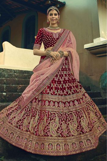 Velvet Hand Work Lehenga Choli In Maroon Colour - LD4900647