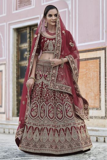 Velvet Hand Work Lehenga Choli In Maroon Colour - LD4900689