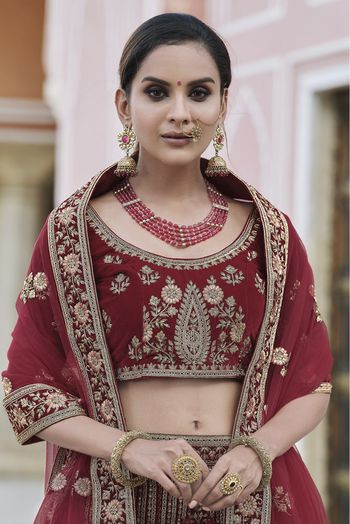 Velvet Hand Work Lehenga Choli In Maroon Colour - LD4900689