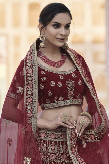 Velvet Hand Work Lehenga Choli In Maroon Colour - LD4900693