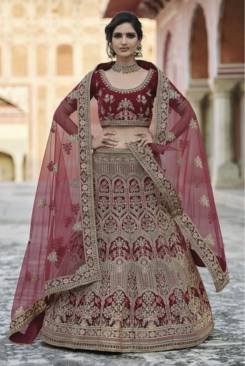 Velvet Hand Work Lehenga Choli In Maroon Colour - LD4900695